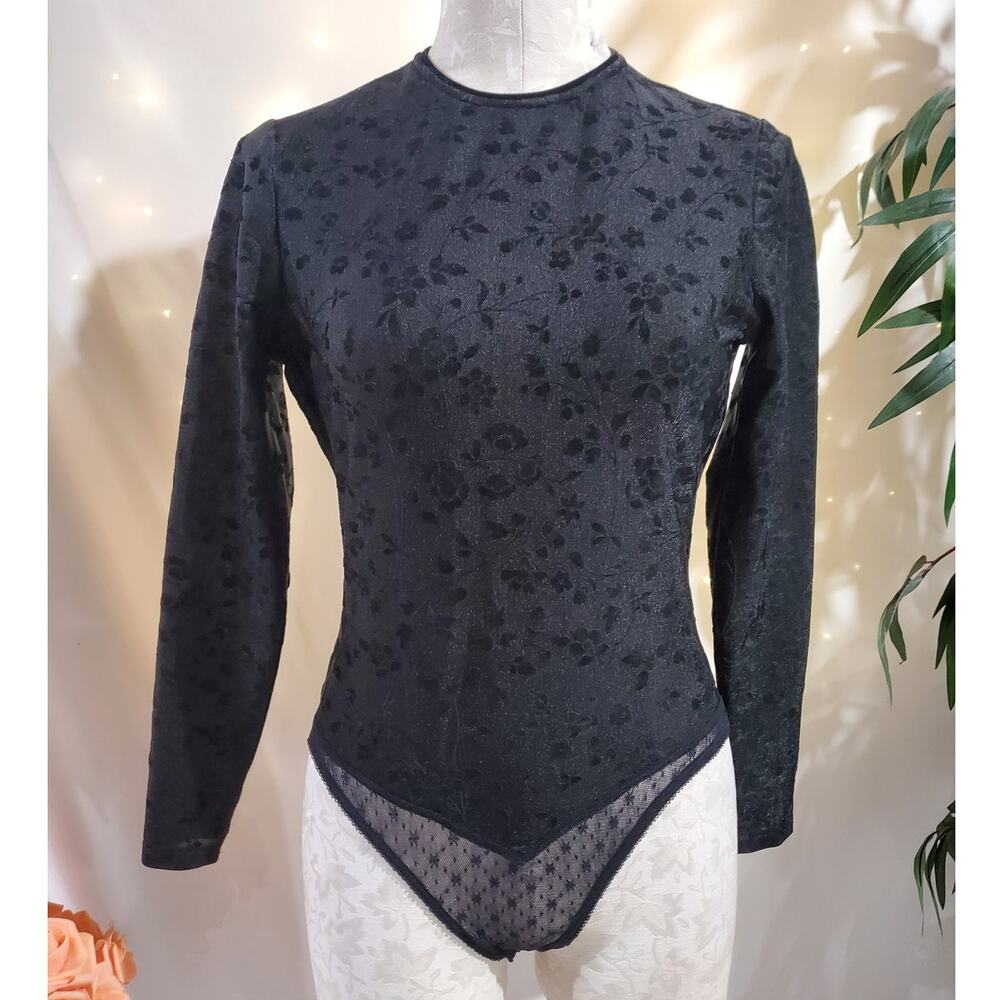 Vtg Henri Bendel New York Long Sleeve Floral Bodysuit Size M Black Whimsigoth